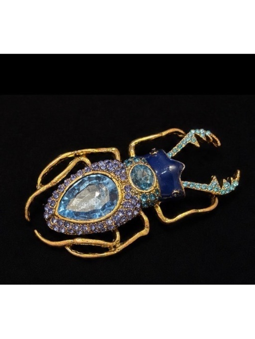 Vintage Inspired Gold-Tone Beetle Brooch with Blue and Purple Rhinestones